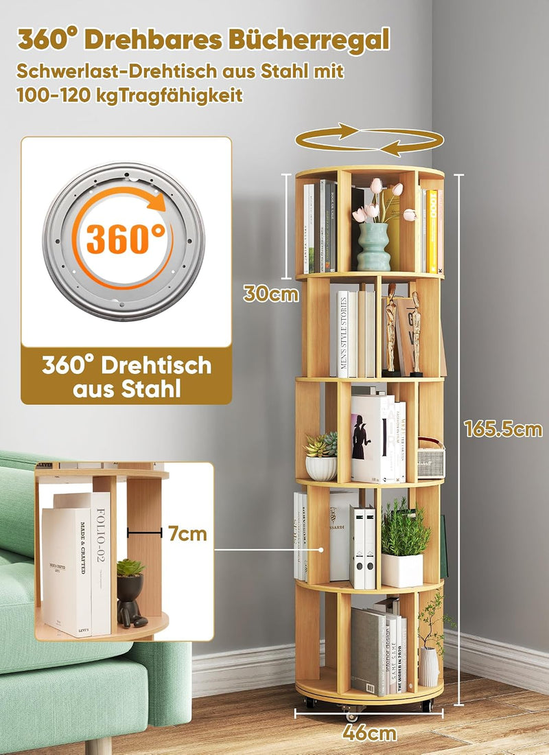 5 Tier Rotating Bookcase Original Wood Colour