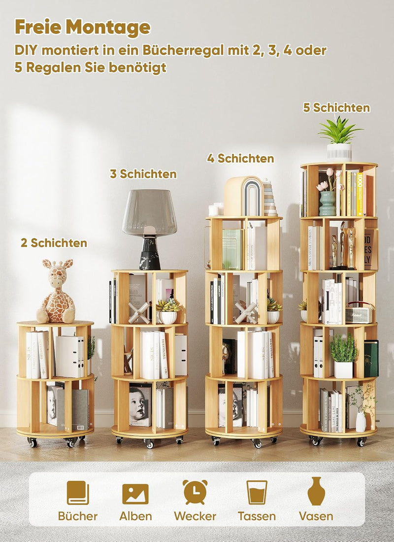 5 Tier Rotating Bookcase Original Wood Colour