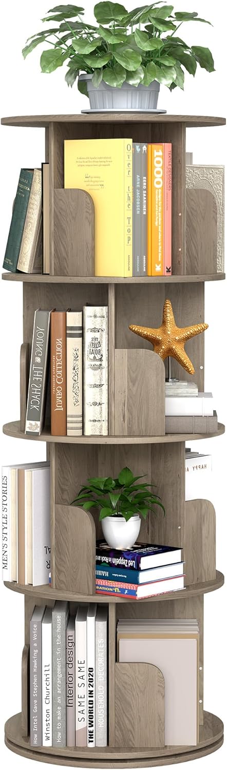 4-Tier Rotating Bookshelf Storage Rack Oak Colour Round