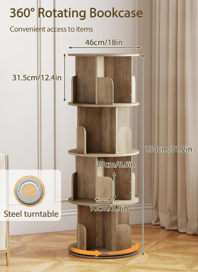 4-Tier Rotating Bookshelf Storage Rack Oak Colour Round