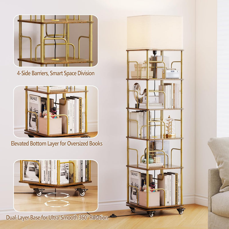 4-Tier Rotating Bookshelf Storage Rack Oak Colour Round
