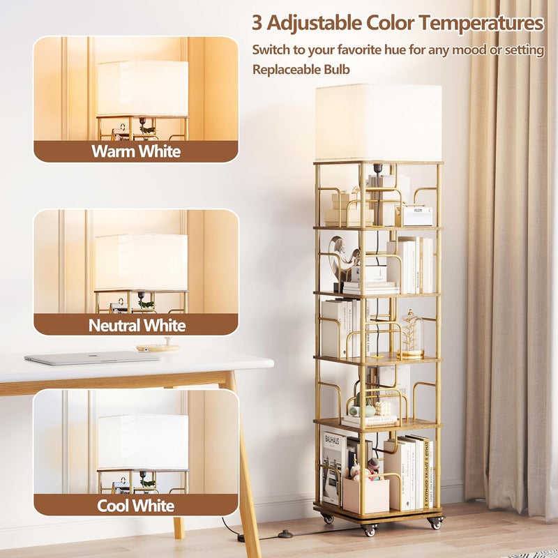 4-Tier Rotating Bookshelf Storage Rack Oak Colour Round