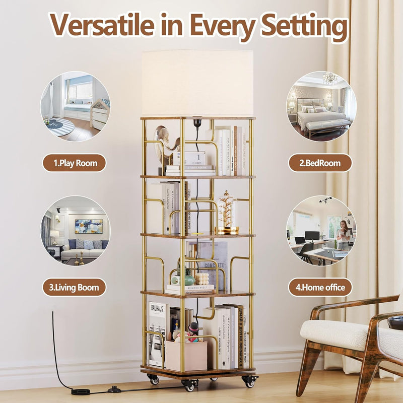 4-Tier Rotating Bookshelf Storage Rack Oak Colour Round