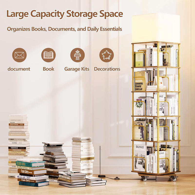 4-Tier Rotating Bookshelf Storage Rack Oak Colour Round