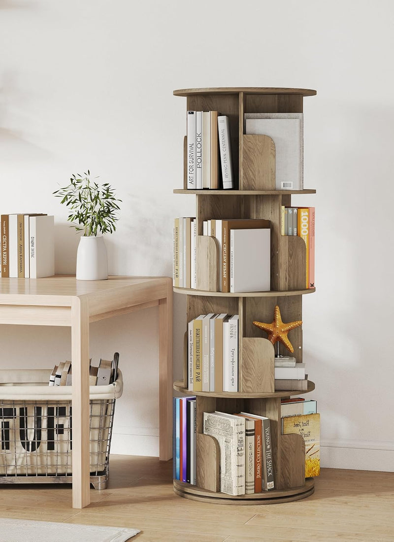 4-Tier Rotating Bookshelf Storage Rack Oak Colour Round