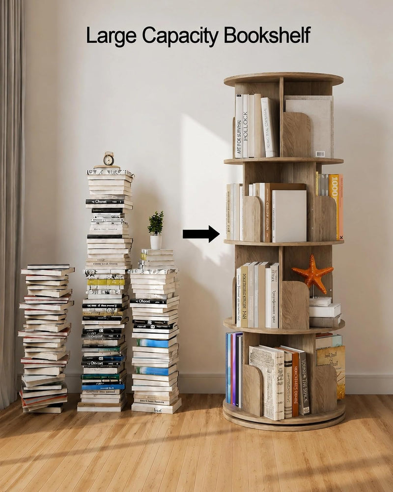 4-Tier Rotating Bookshelf Storage Rack Oak Colour Round