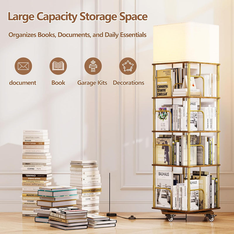 4-Tier Rotating Bookshelf Storage Rack Oak Colour Round