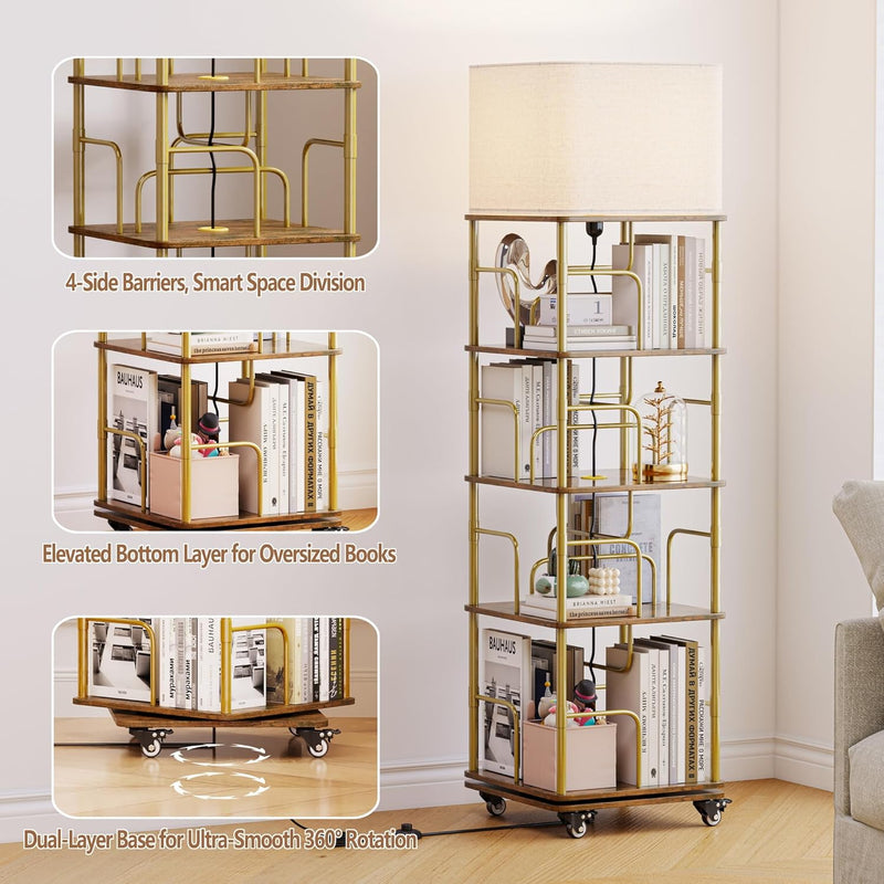 4-Tier Rotating Bookshelf Storage Rack Oak Colour Round
