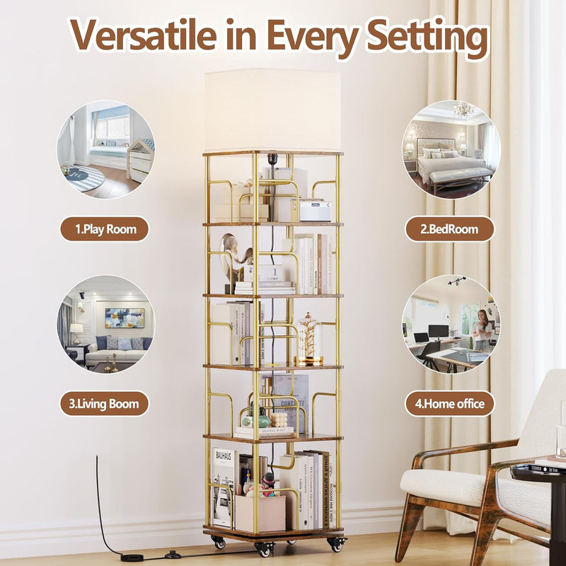 4-Tier Rotating Bookshelf Storage Rack Oak Colour Round