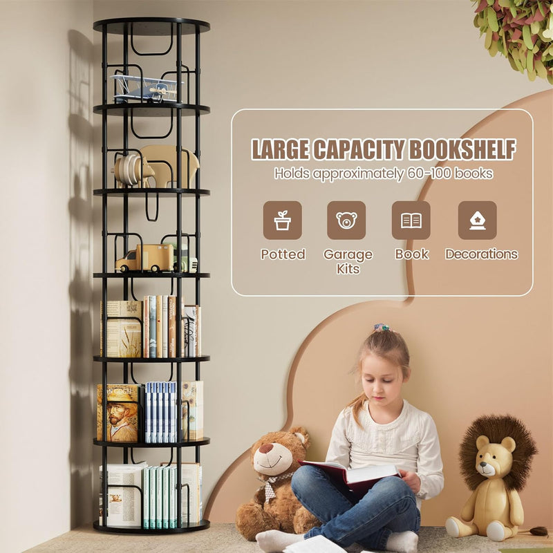 6 Tier Rotating Bookshelf Corner Tower Round