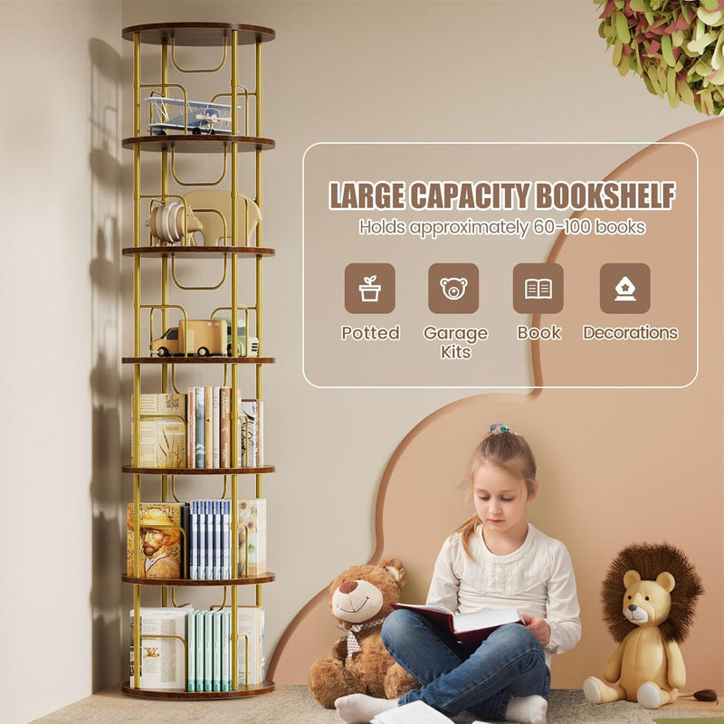 6 Tier Rotating Bookshelf Corner Tower Round