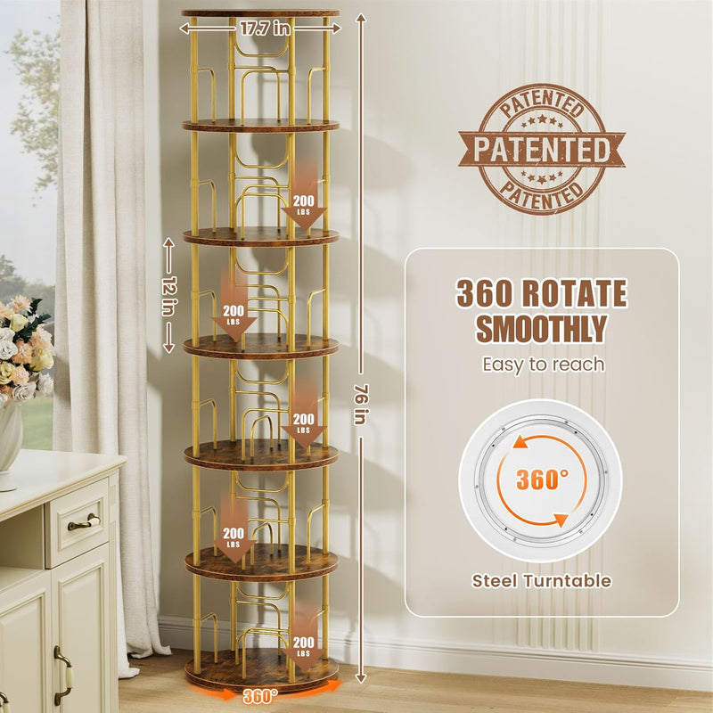 6 Tier Rotating Bookshelf Corner Tower Round