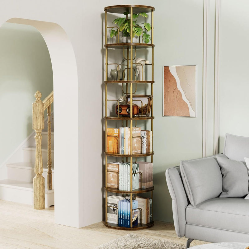 6 Tier Rotating Bookshelf Corner Tower Round