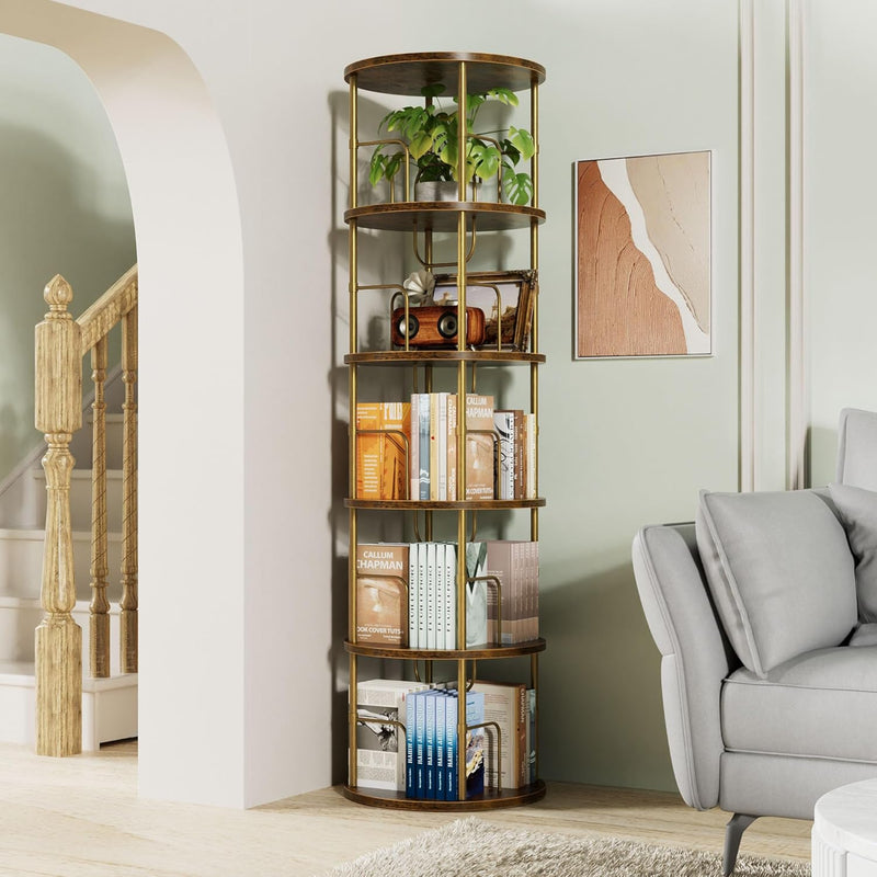 6 Tier Rotating Bookshelf Corner Tower Round