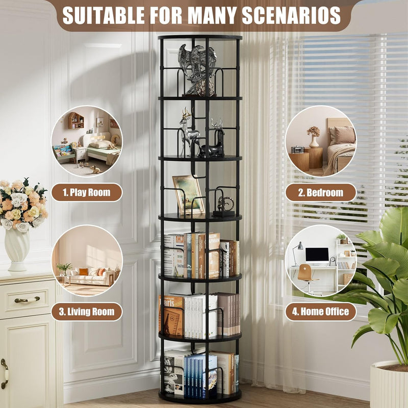 6 Tier Rotating Bookshelf Corner Tower Round
