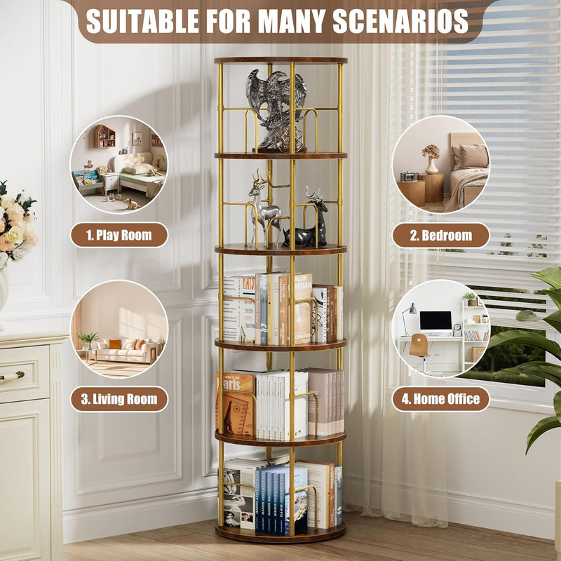 6 Tier Rotating Bookshelf Corner Tower Round
