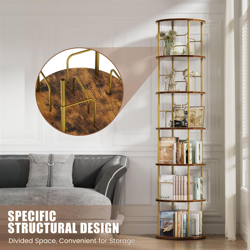 6 Tier Rotating Bookshelf Corner Tower Round