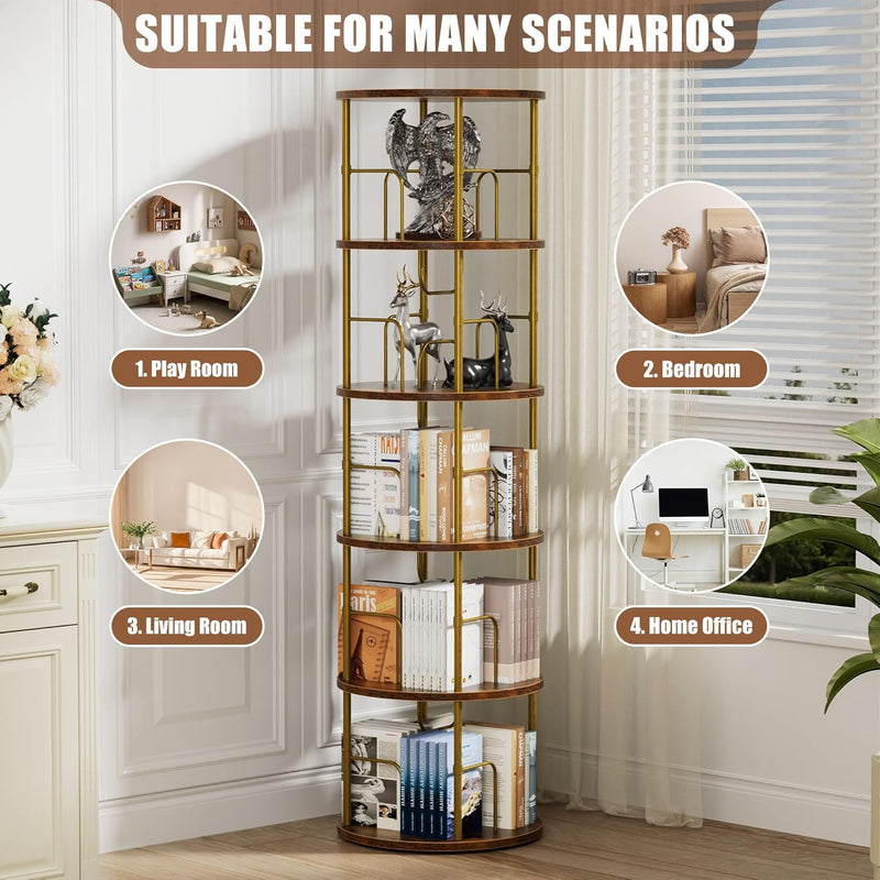 6 Tier Rotating Bookshelf Corner Tower Round