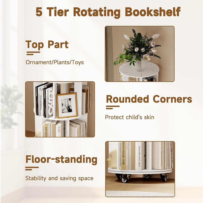 5-Tier Rotating Bookshelf Revolving Bookcase Floor Standing
