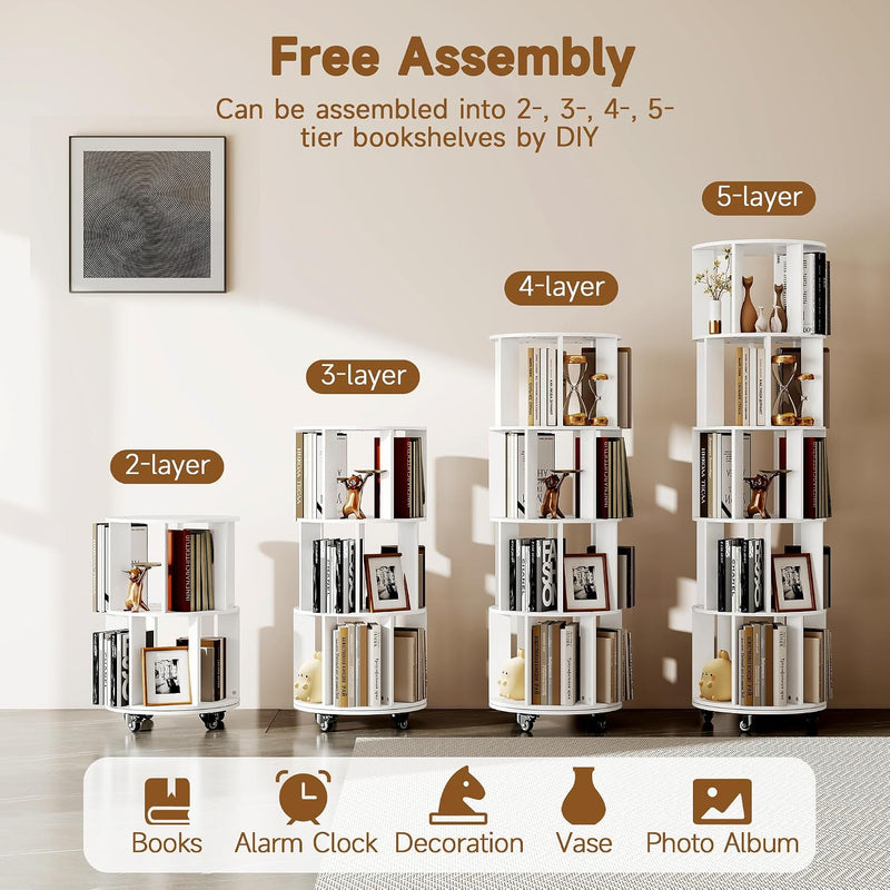 5-Tier Rotating Bookshelf Revolving Bookcase Floor Standing