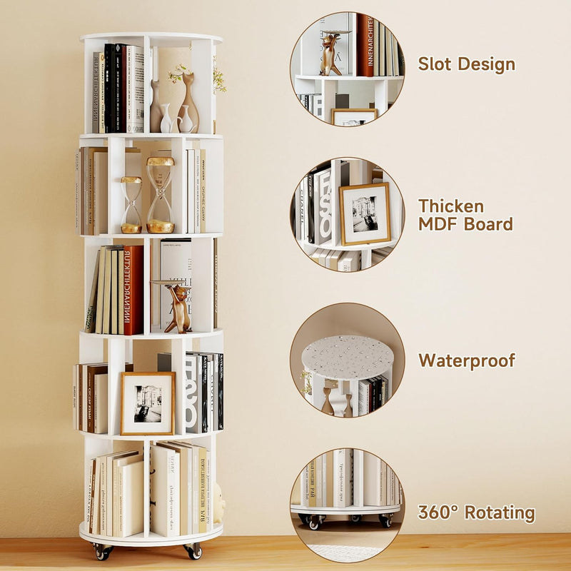 5-Tier Rotating Bookshelf Revolving Bookcase Floor Standing