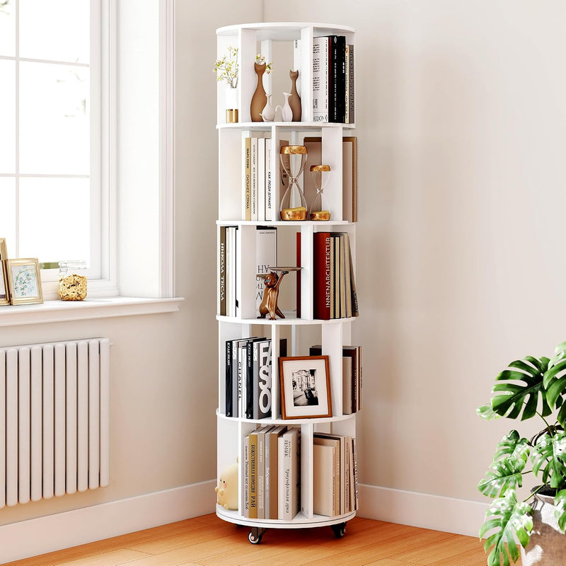 5-Tier Rotating Bookshelf Revolving Bookcase Floor Standing