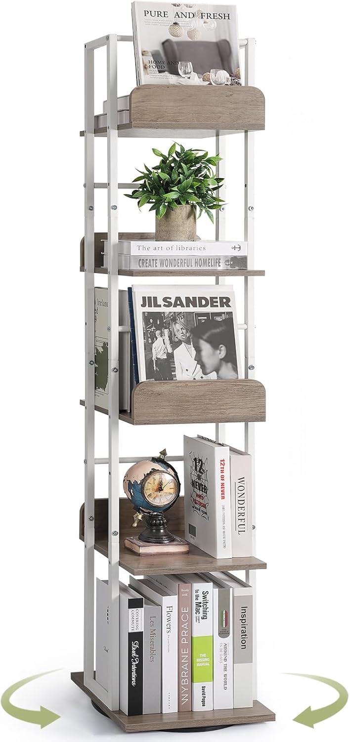 5-Tier Rotating Bookshelf Tall Industrial Corner Book Tower