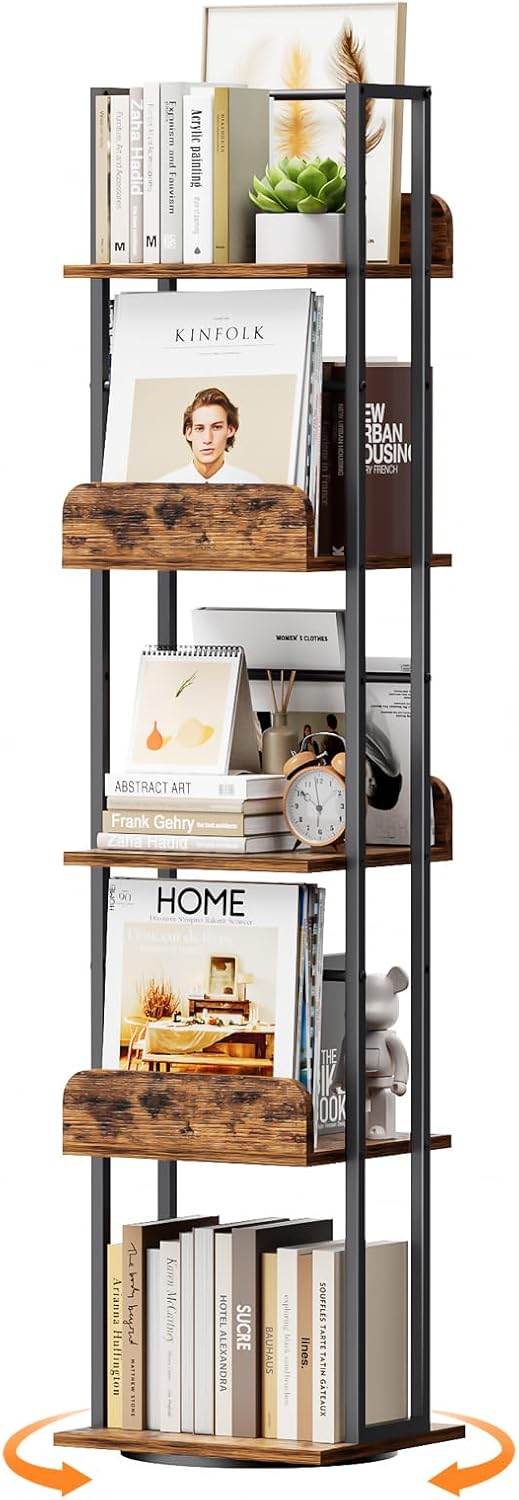 5-Tier Rotating Bookshelf Tall Industrial Corner Book Tower