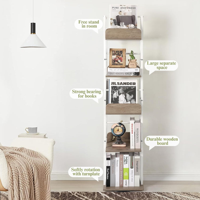 5-Tier Rotating Bookshelf Tall Industrial Corner Book Tower