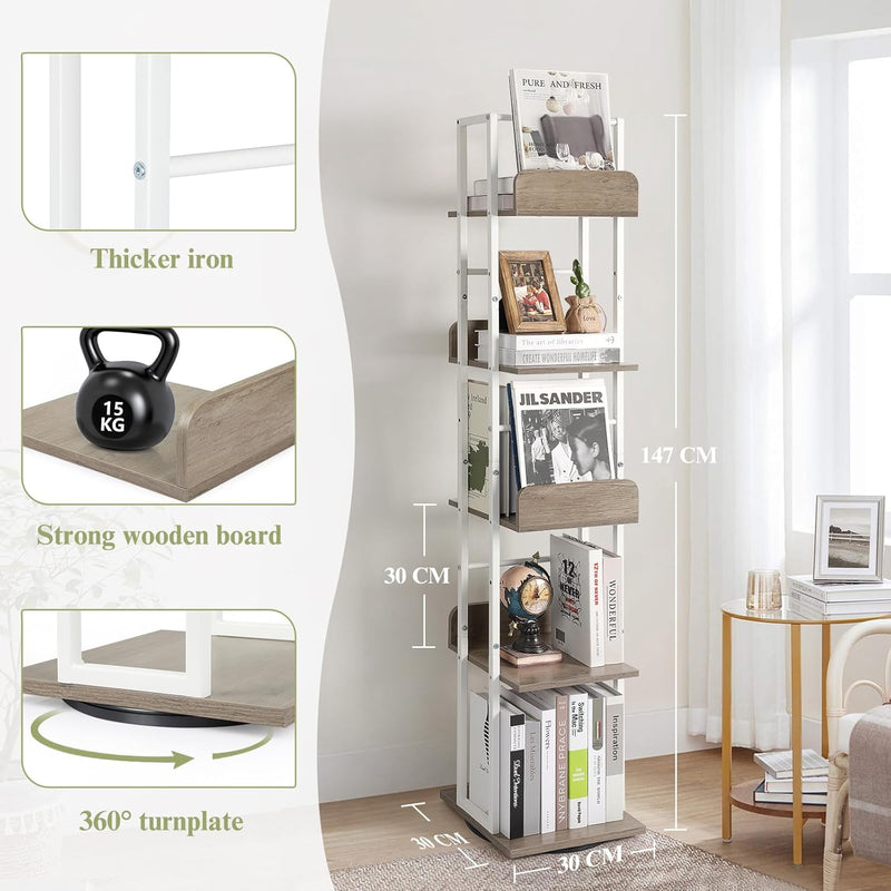 5-Tier Rotating Bookshelf Tall Industrial Corner Book Tower