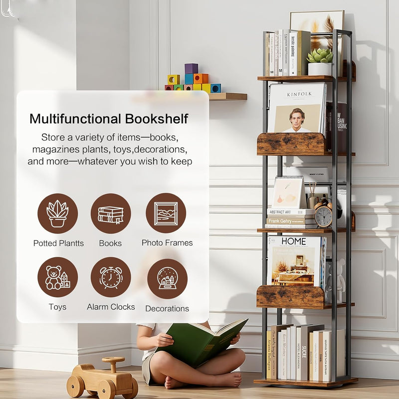 5-Tier Rotating Bookshelf Tall Industrial Corner Book Tower