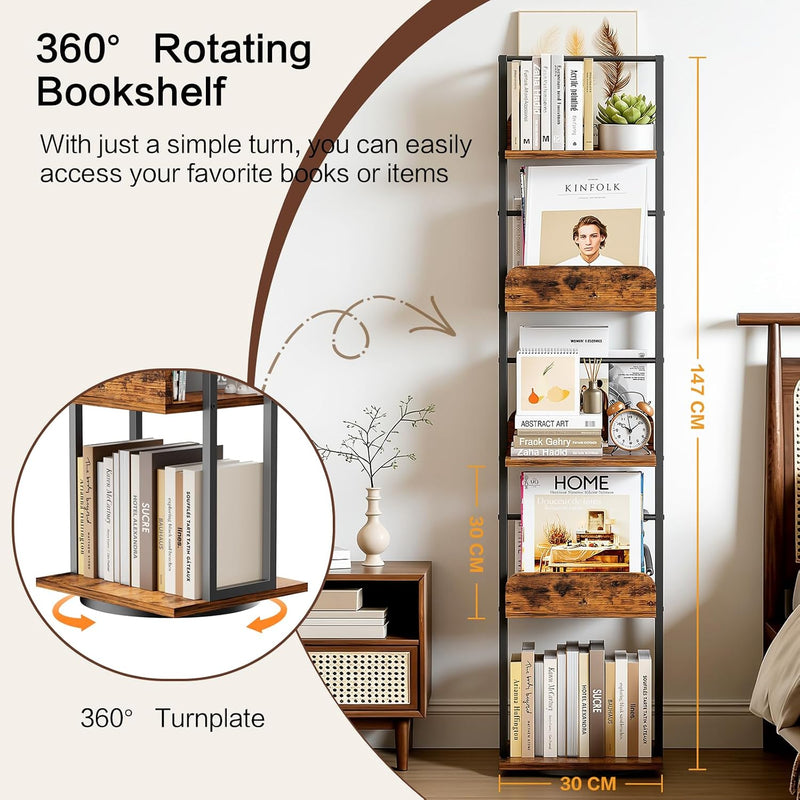 5-Tier Rotating Bookshelf Tall Industrial Corner Book Tower