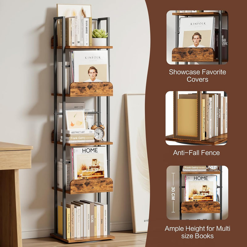 5-Tier Rotating Bookshelf Tall Industrial Corner Book Tower