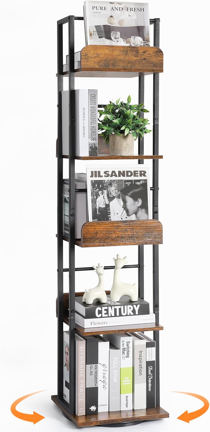 5-Tier Rotating Bookshelf Tall Industrial Corner Book Tower