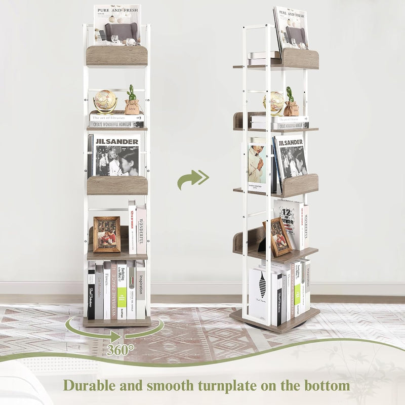 5-Tier Rotating Bookshelf Tall Industrial Corner Book Tower