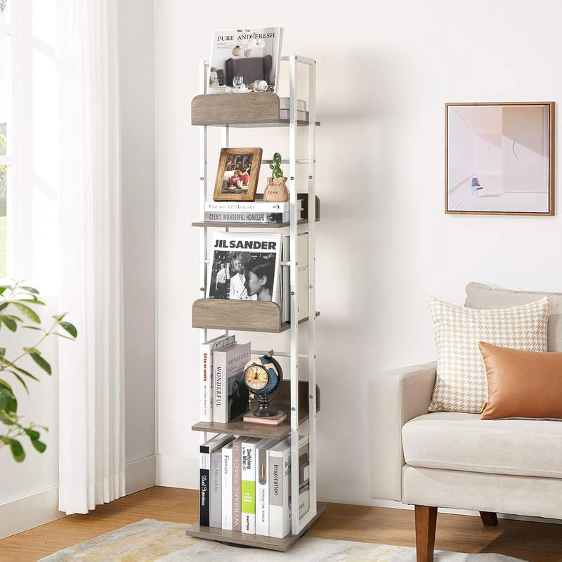 5-Tier Rotating Bookshelf Tall Industrial Corner Book Tower