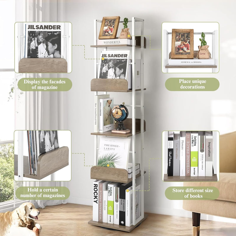 5-Tier Rotating Bookshelf Tall Industrial Corner Book Tower