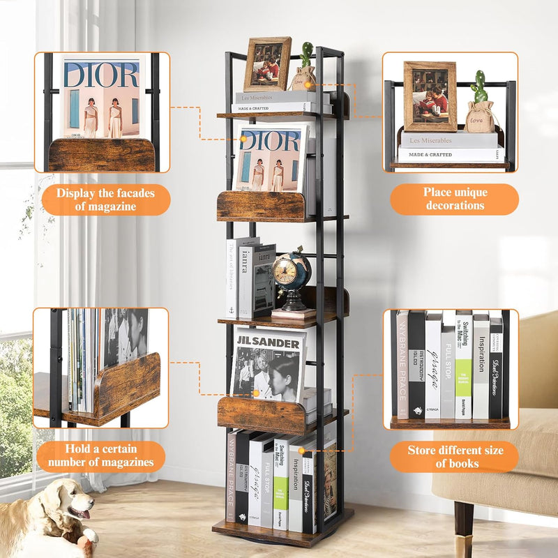 5-Tier Rotating Bookshelf Tall Industrial Corner Book Tower