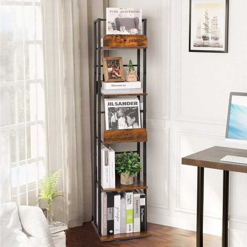 5-Tier Rotating Bookshelf Tall Industrial Corner Book Tower