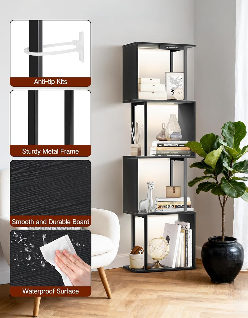 5 Tier S-Shaped Geometric Bookshelf with LED Light