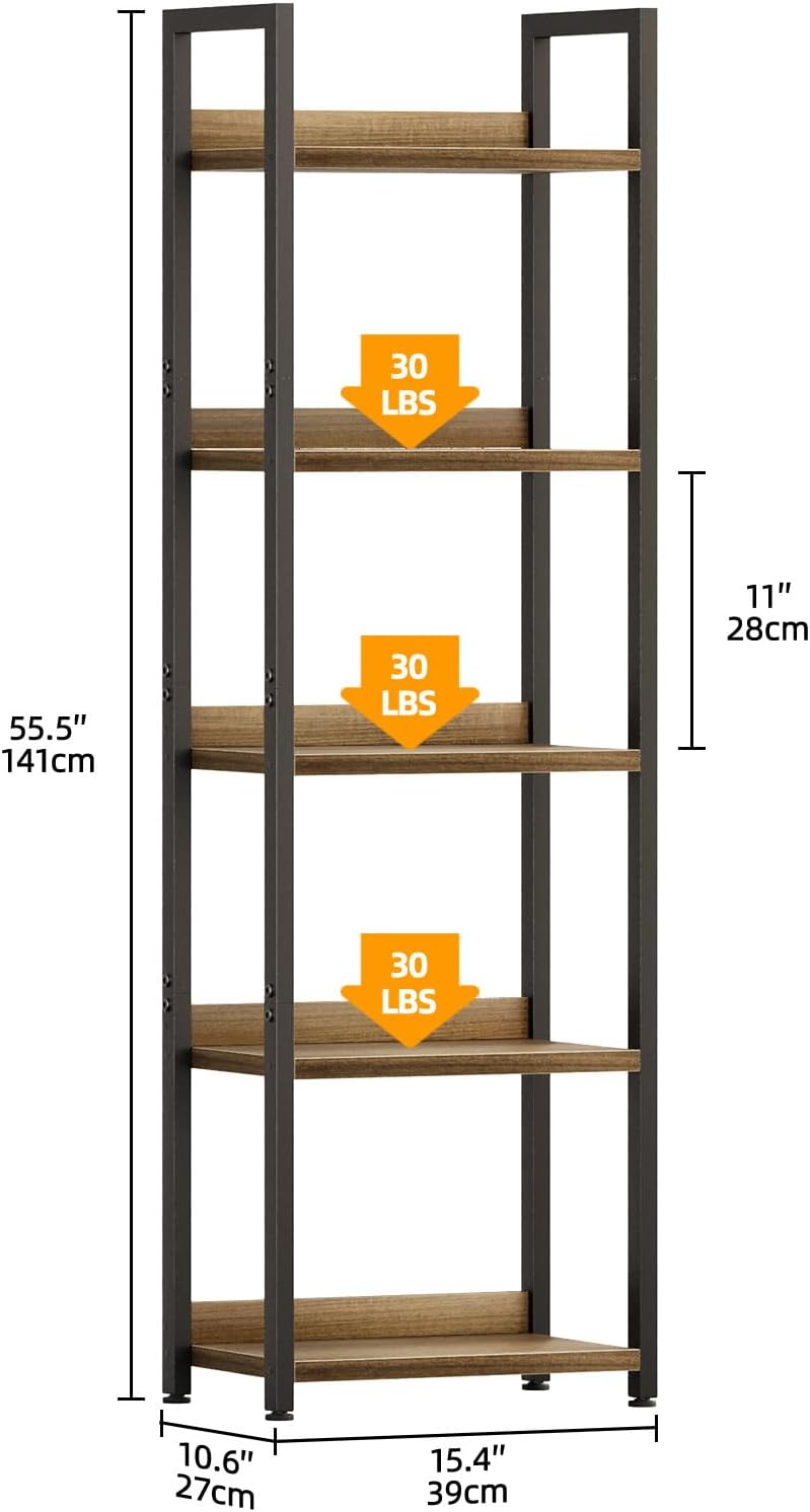 5 Tier Slim Bookshelf Bookcase with Backboard