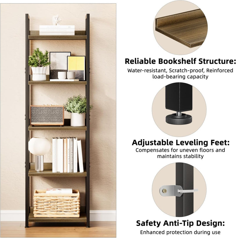 5 Tier Slim Bookshelf Bookcase with Backboard