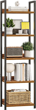 5 Tier Slim Bookshelf Bookcase with Backboard Rustic