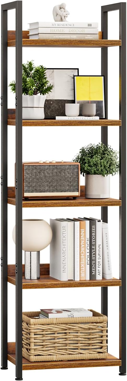 5 Tier Slim Bookshelf Bookcase with Backboard Rustic