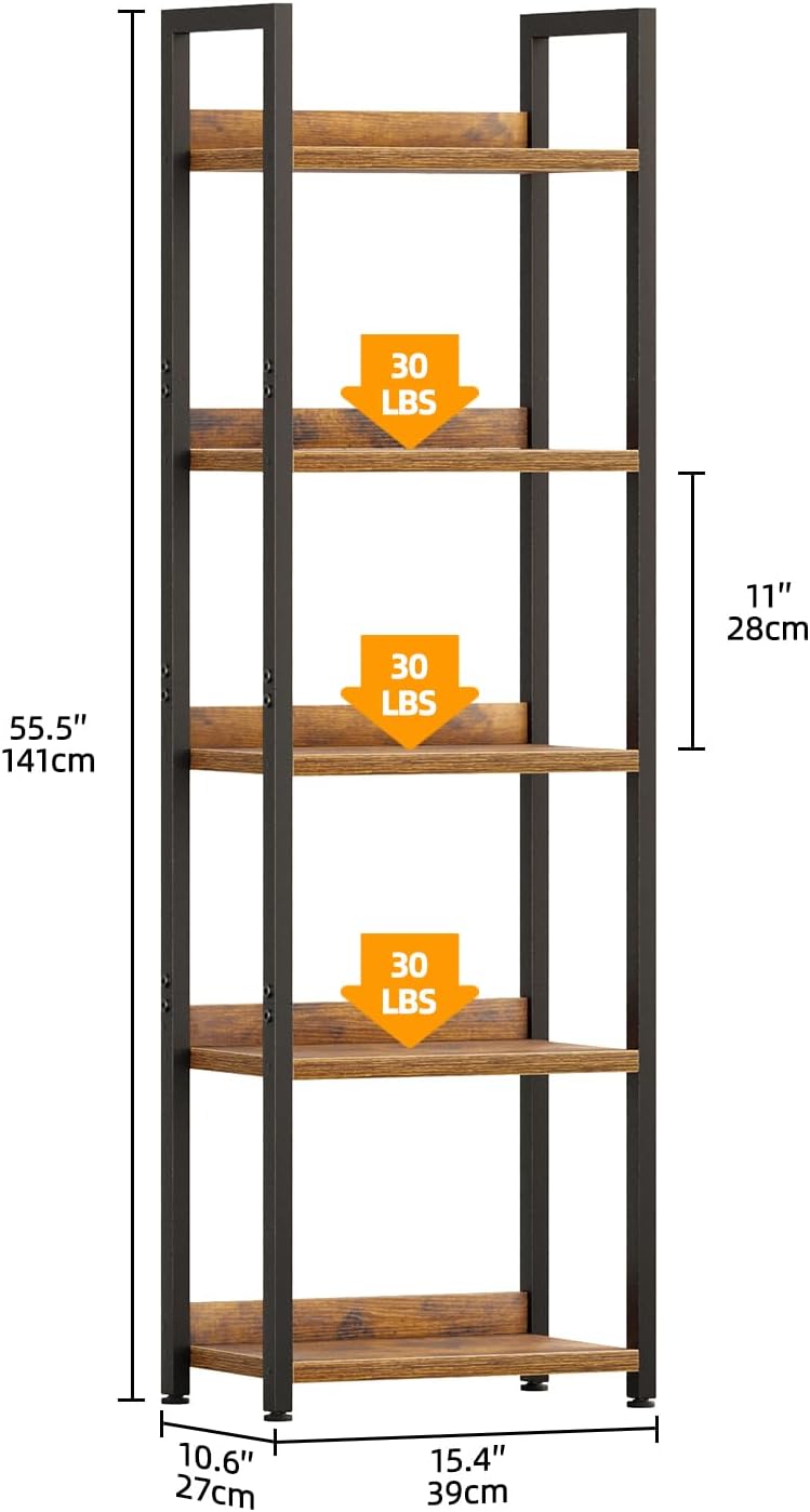 5 Tier Slim Bookshelf Bookcase with Backboard Rustic
