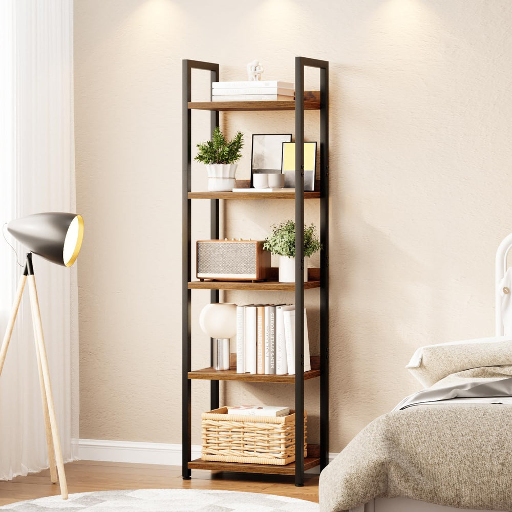 5 Tier Slim Bookshelf Bookcase with Backboard Rustic