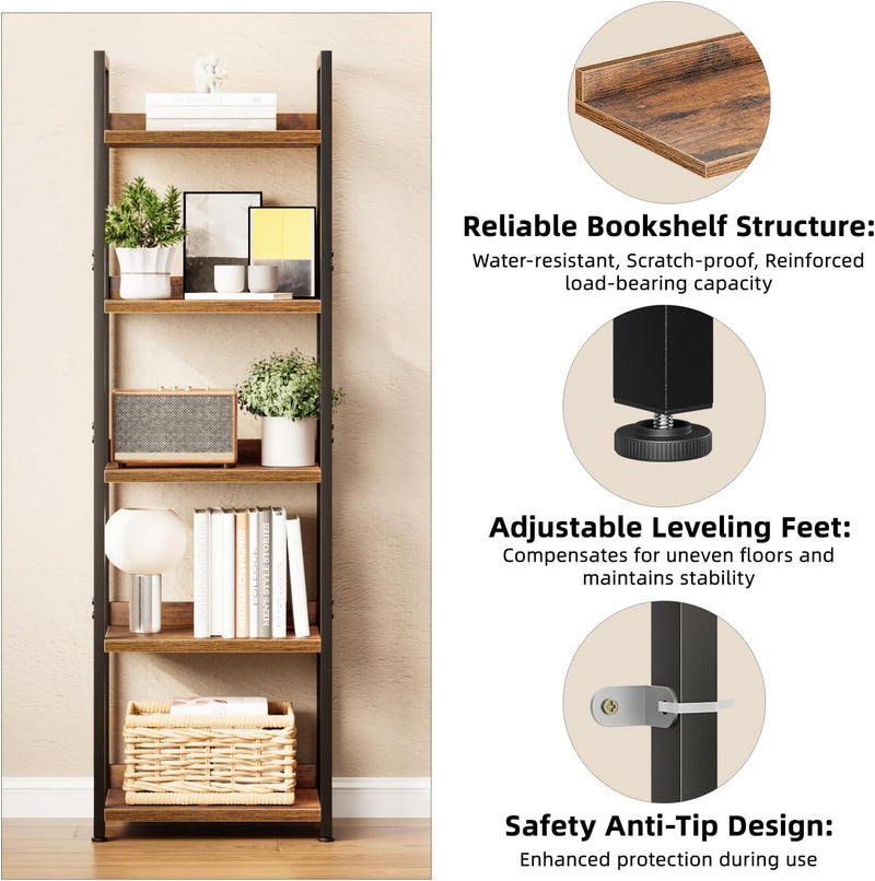 5 Tier Slim Bookshelf Bookcase with Backboard Rustic