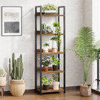 5 Tier Slim Bookshelf Bookcase with Backboard Rustic