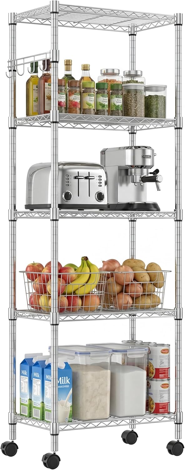 5 Tier Steel Wire Shelving Unit on Wheels