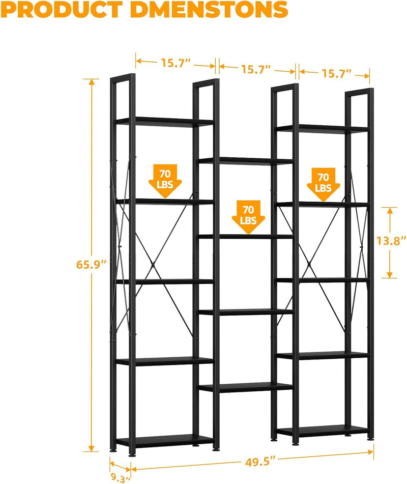 5-Tier Triple Bookshelf Bookcase with 14 Open Shelves